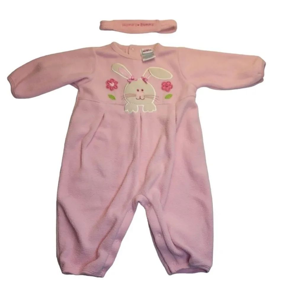 BABY Okie Dokie Vintage Pink Fleece Coverall and Headband Girls 6-9moโEaster
